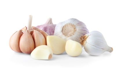 Photo of Fresh garlics on white background. Organic food