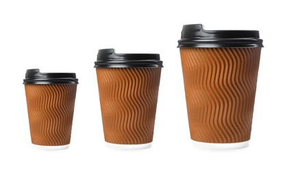 Image of Set with different takeaway coffee cups on white background