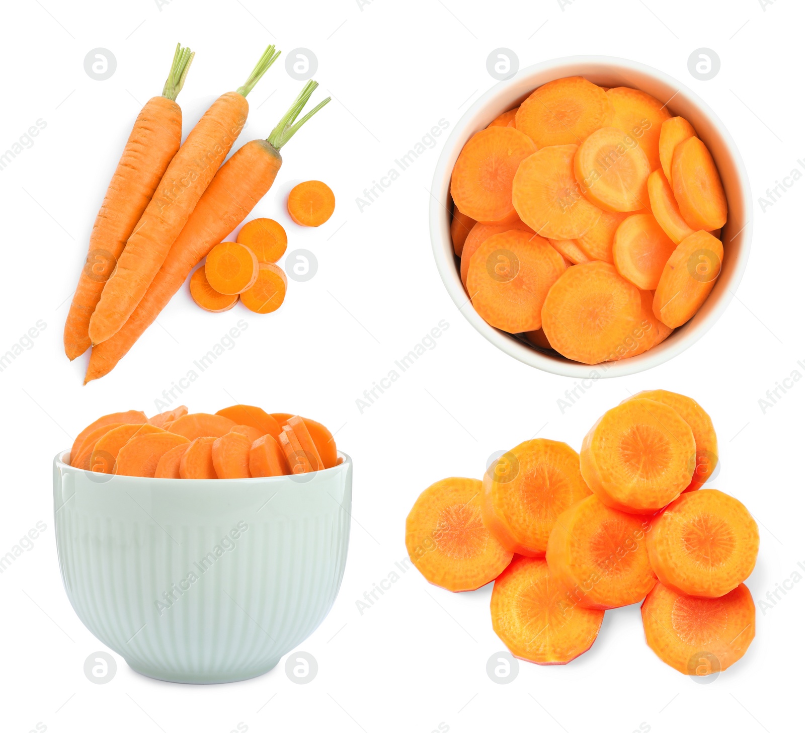 Image of Set with different fresh carrots on white background