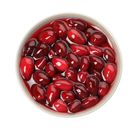 Delicious dogwood jam with berries in bowl isolated on white, top view