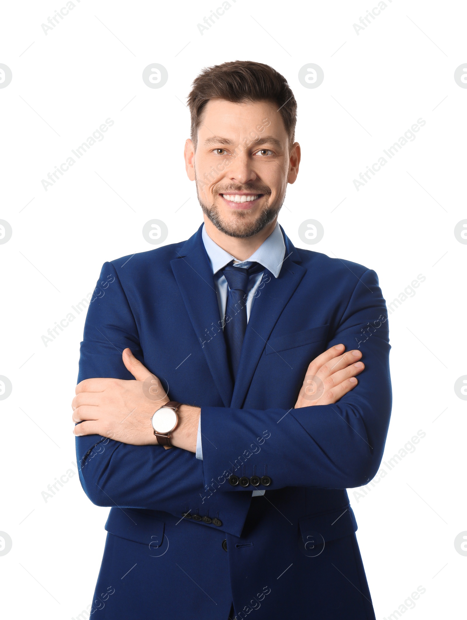 Photo of Portrait of happy businessman posing on white background