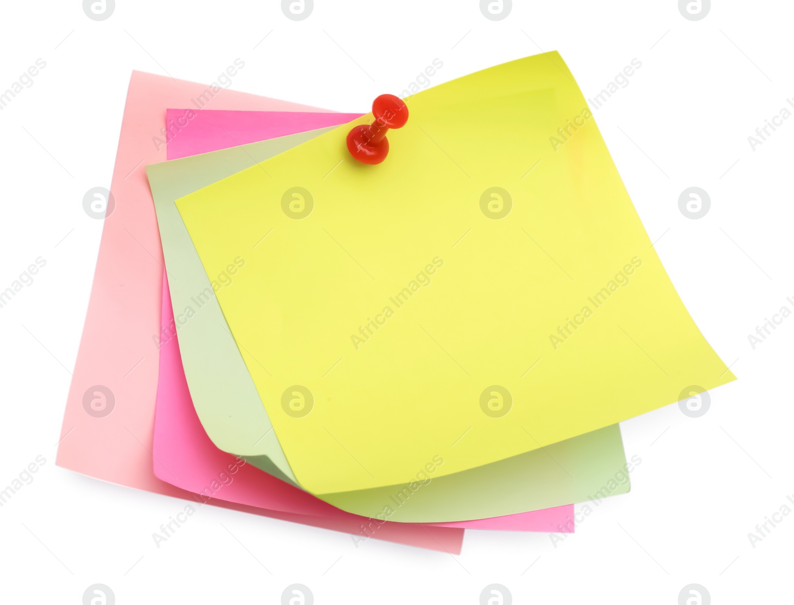 Photo of Blank colorful notes pinned on white background, top view