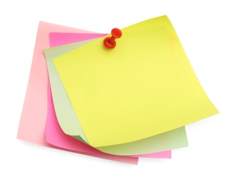Photo of Blank colorful notes pinned on white background, top view