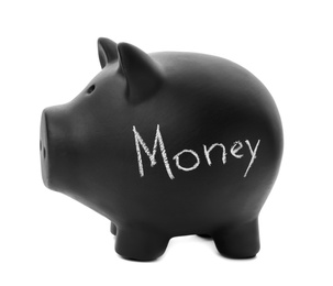 Photo of Black piggy bank with word MONEY on white background