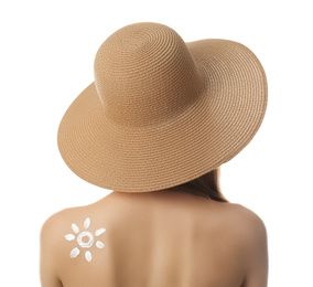 Woman with sun protection cream on her back against white background