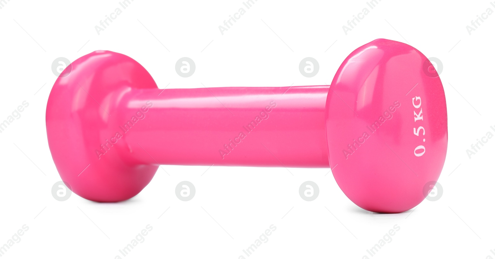 Photo of Pink dumbbell isolated on white. Sports equipment