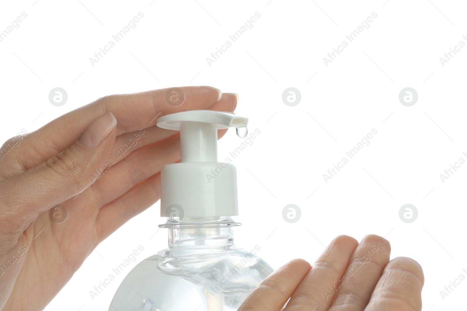 Photo of Woman applying antibacterial hand gel against white background, closeup