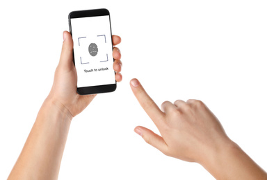 Image of Man holding smartphone with fingerprint sensor on white background, top view. Digital identity