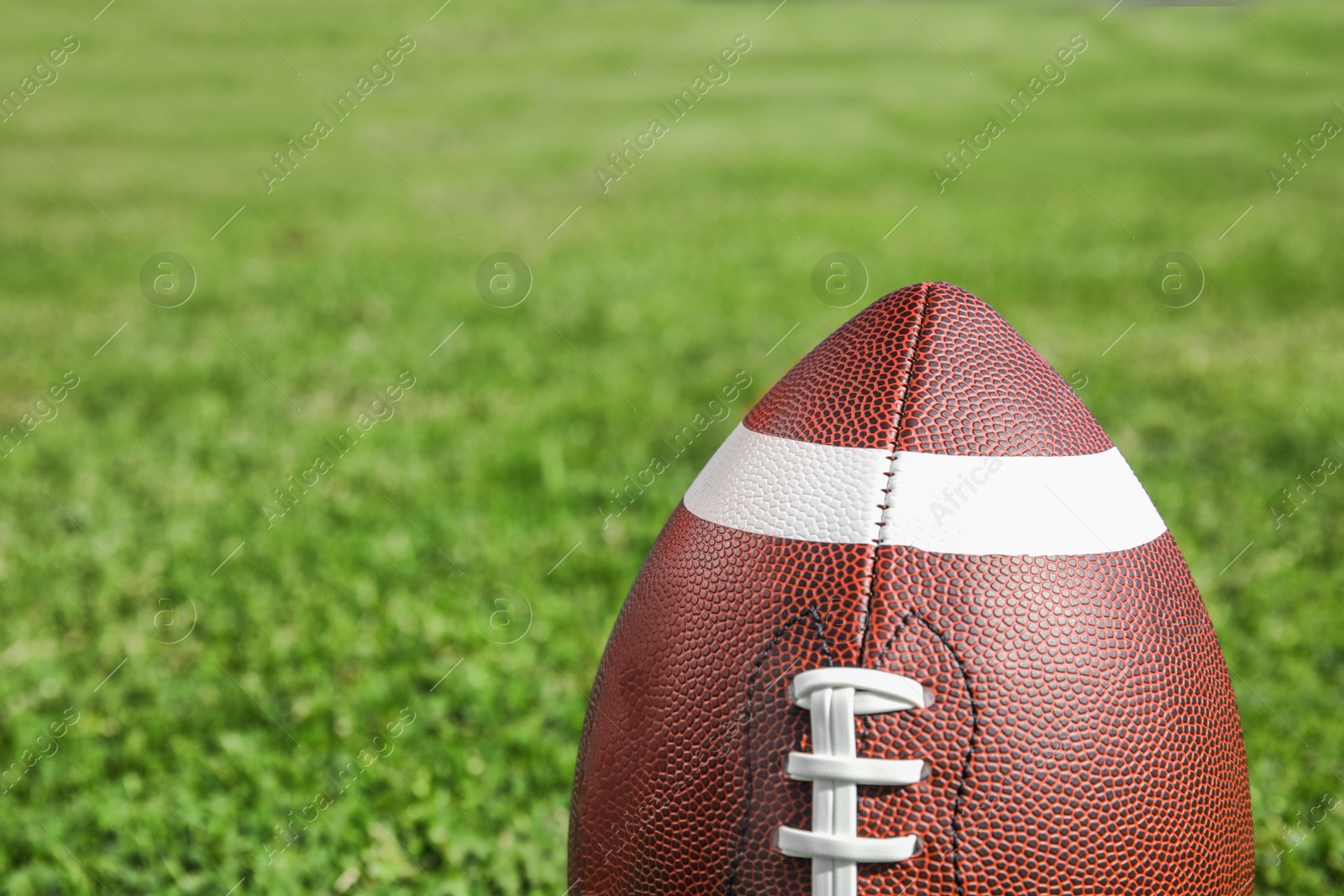 Photo of Ball for American football on fresh green field grass. Space for text