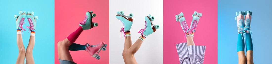 Photos of women with retro roller skates on different color backgrounds, closeup. Collage banner design