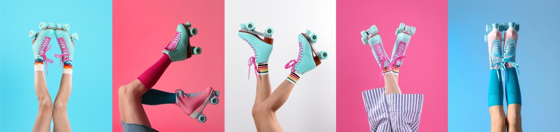 Image of Photos of women with retro roller skates on different color backgrounds, closeup. Collage banner design