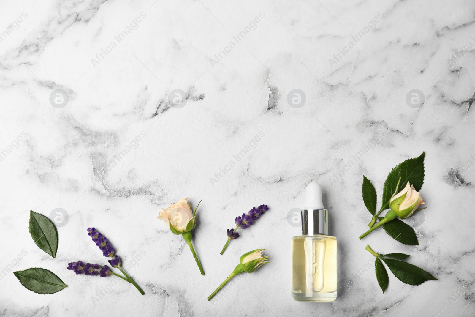 Photo of Flat lay composition with essential oil in bottle, ingredients and space for text on marble background