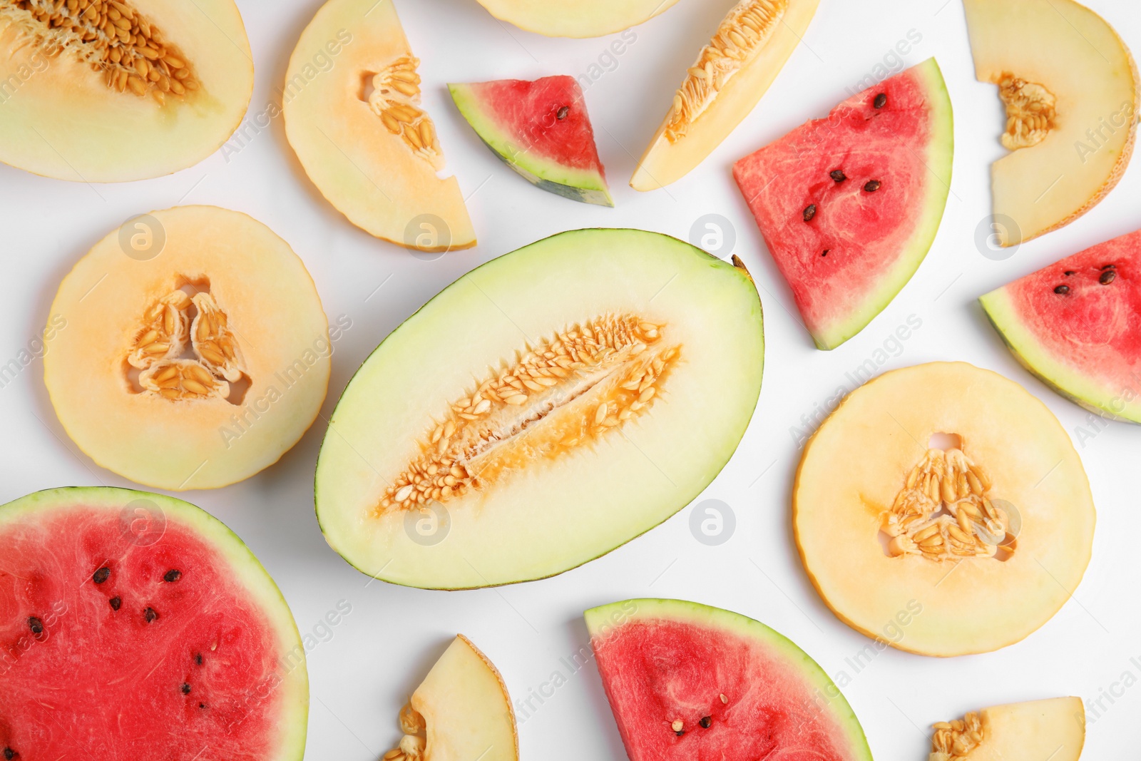 Photo of Flat lay composition with melon and watermelon on white background