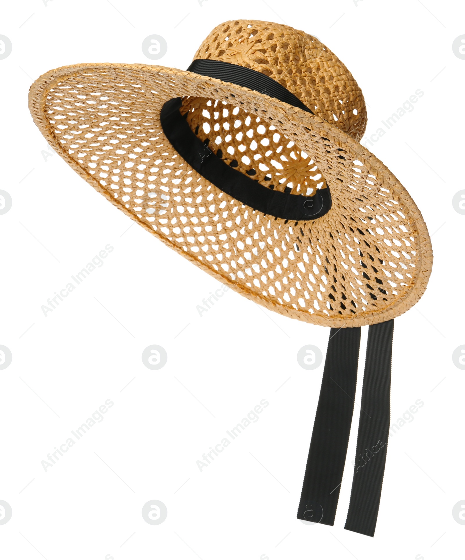 Photo of Stylish straw hat isolated on white. Fashionable accessory