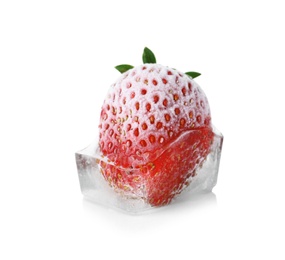 Photo of Fresh strawberry frozen in ice cube on white background