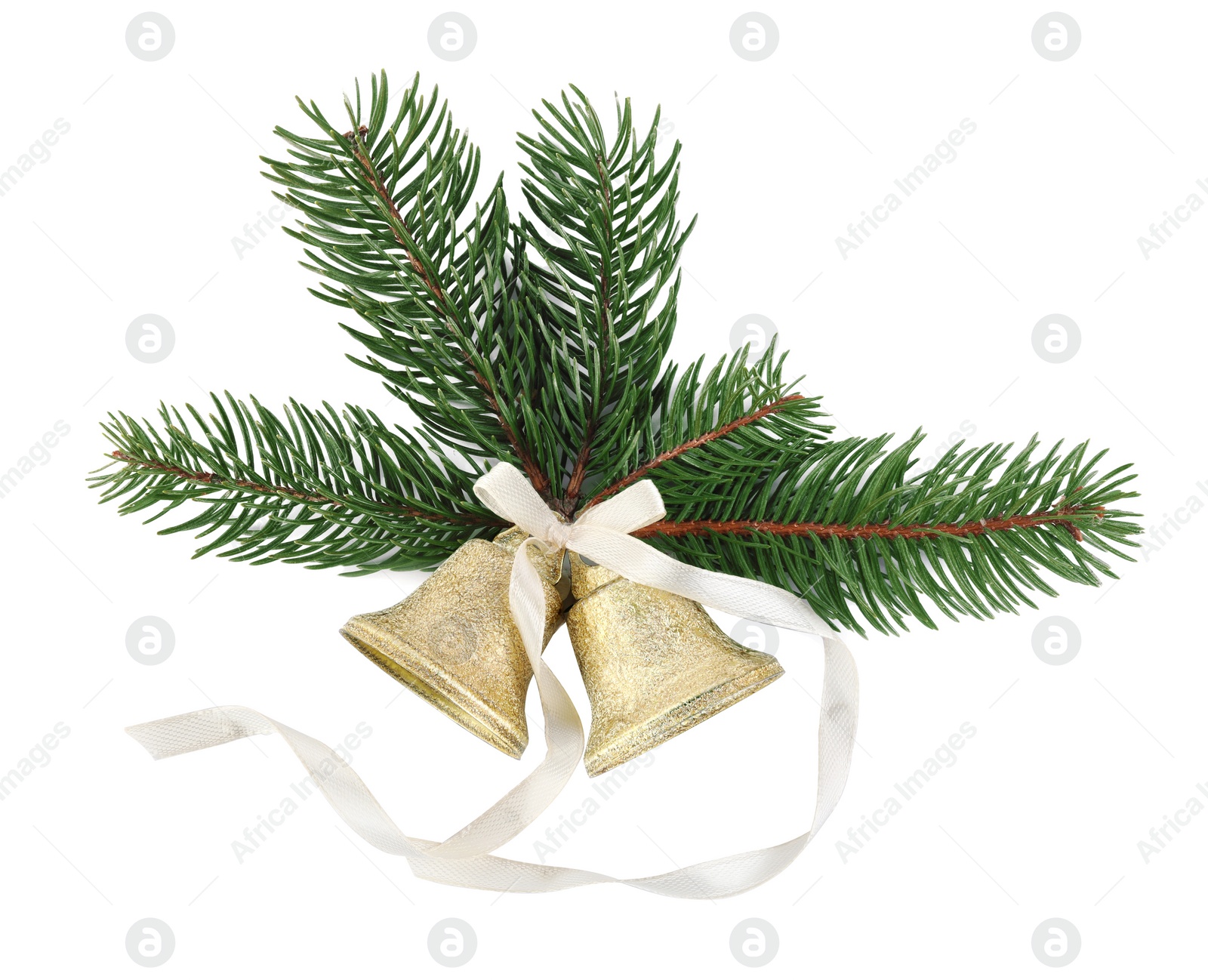 Photo of Golden shiny bells with bow and fir branches isolated on white. Christmas decoration