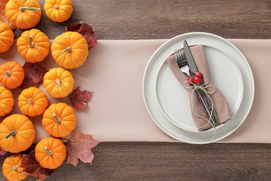 Photo of Thanksgiving day. Beautiful table setting and autumn decoration, flat lay