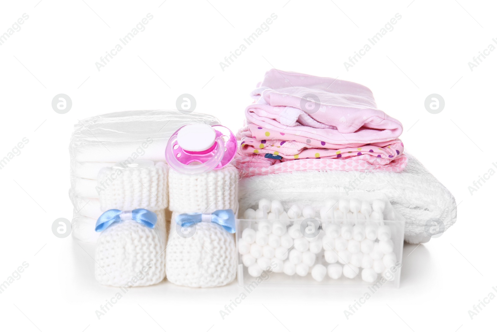 Photo of Set of baby accessories on white background