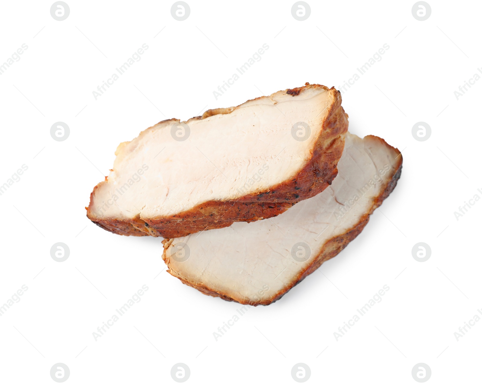 Photo of Slices of grilled meat isolated on white, top view