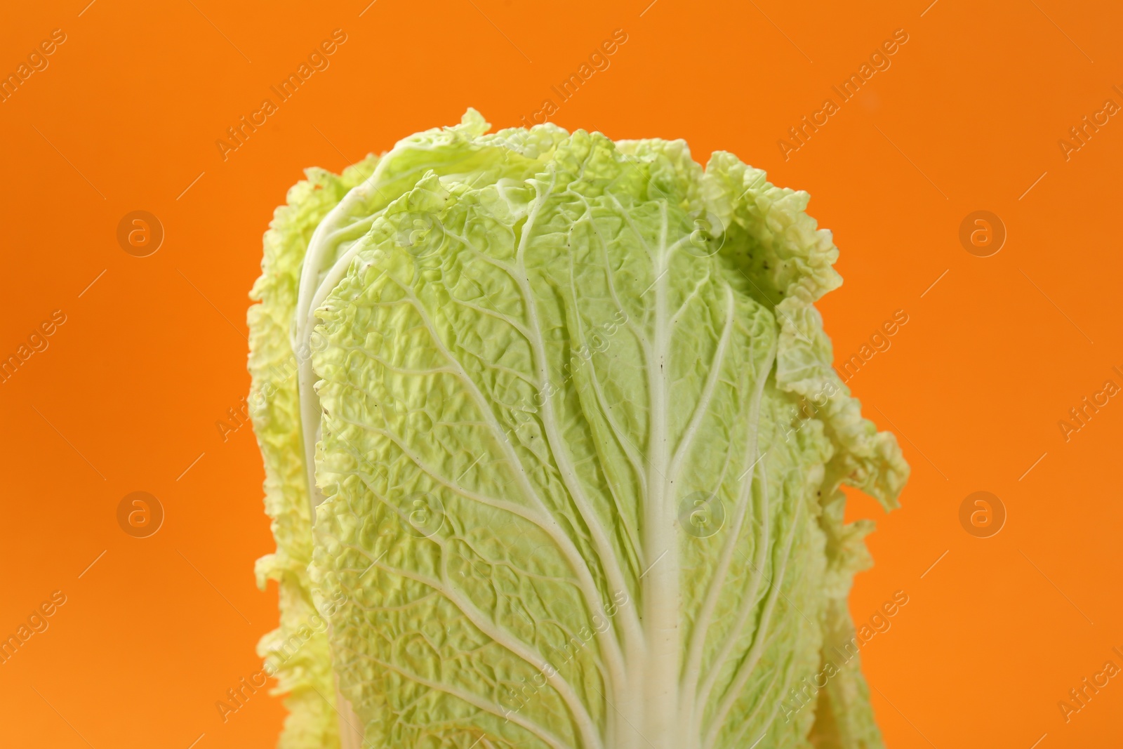 Photo of Fresh ripe Chinese cabbage on orange background, closeup