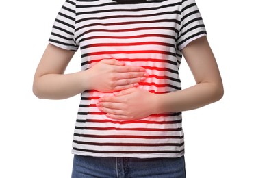 Woman suffering from stomach pain on white background, closeup