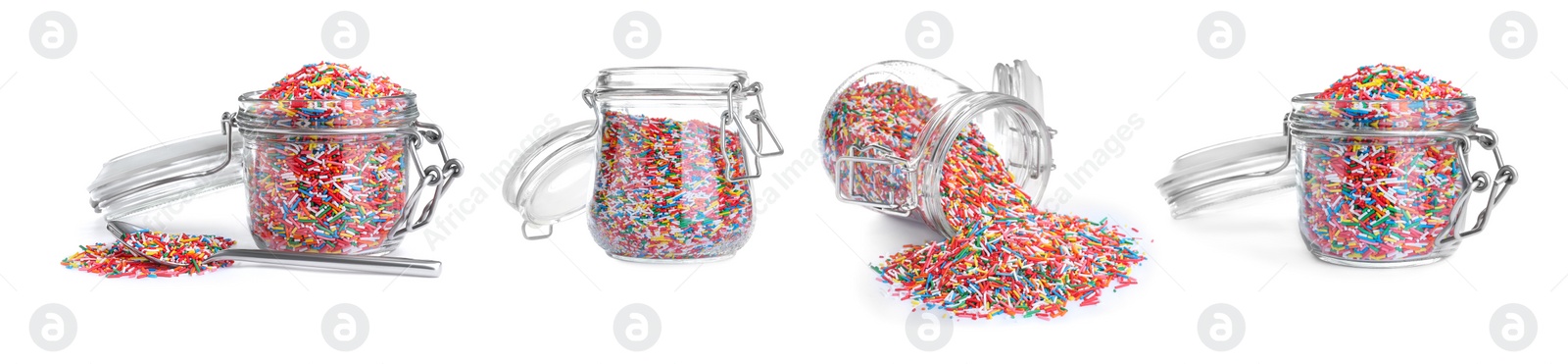 Image of Set with colorful sprinkles on white background, banner design. Confectionery decor