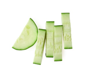 Photo of Slices of ripe zucchini on white background, top view