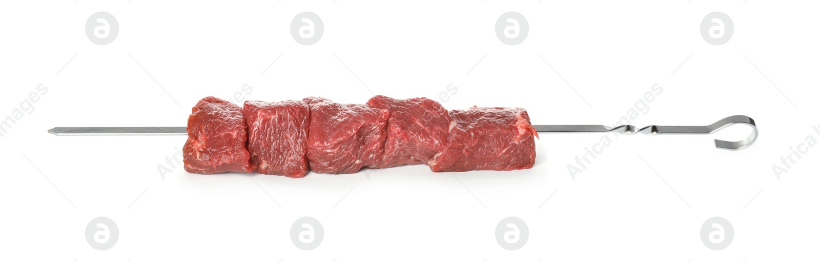 Photo of Metal skewer with raw meat on white background