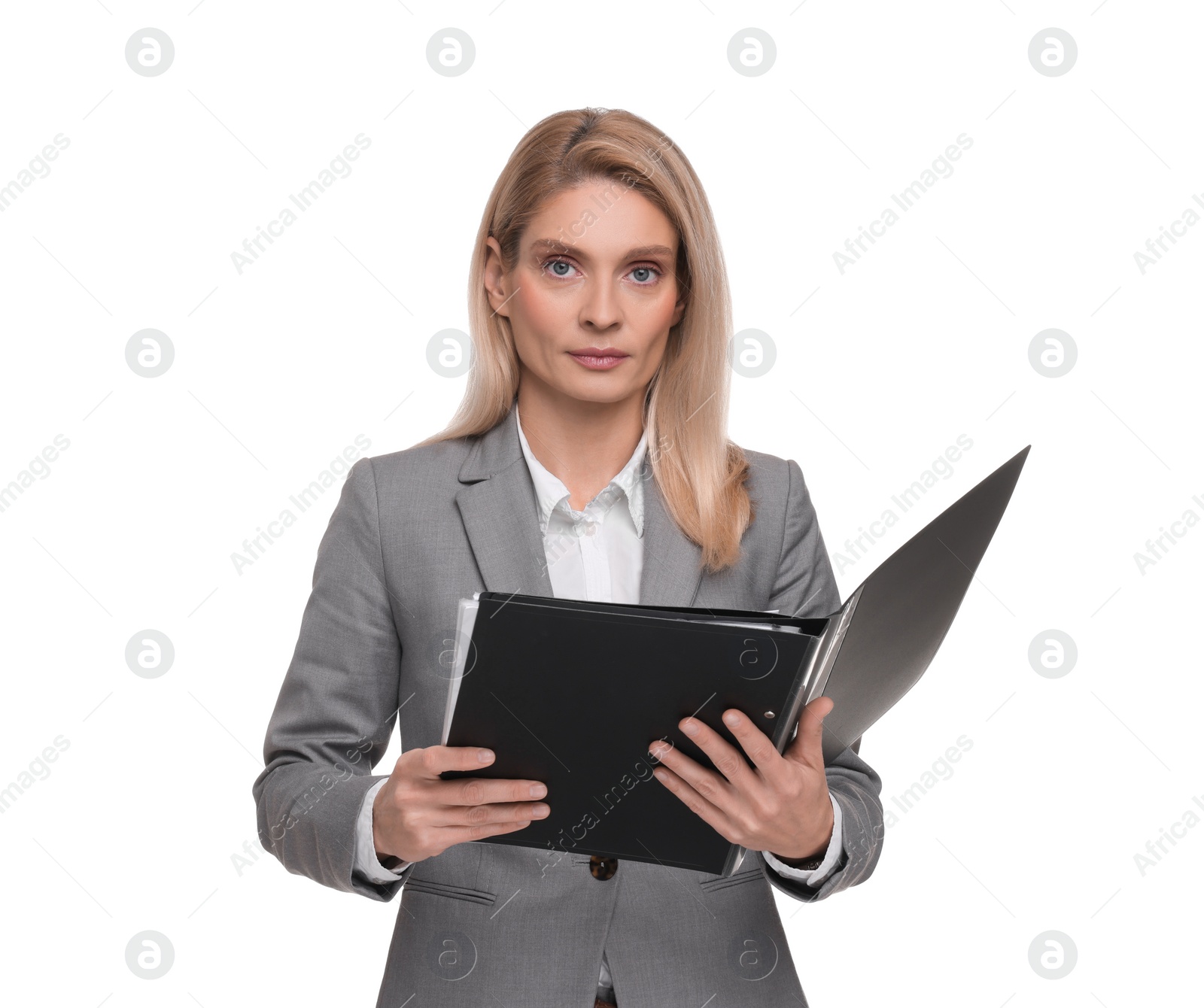 Photo of Portrait of beautiful woman with folder on white background. Lawyer, businesswoman, accountant or manager