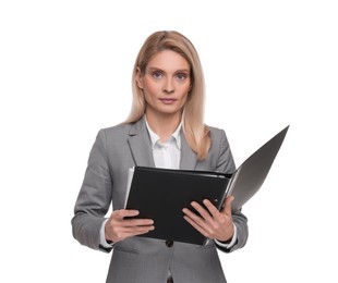 Photo of Portrait of beautiful woman with folder on white background. Lawyer, businesswoman, accountant or manager