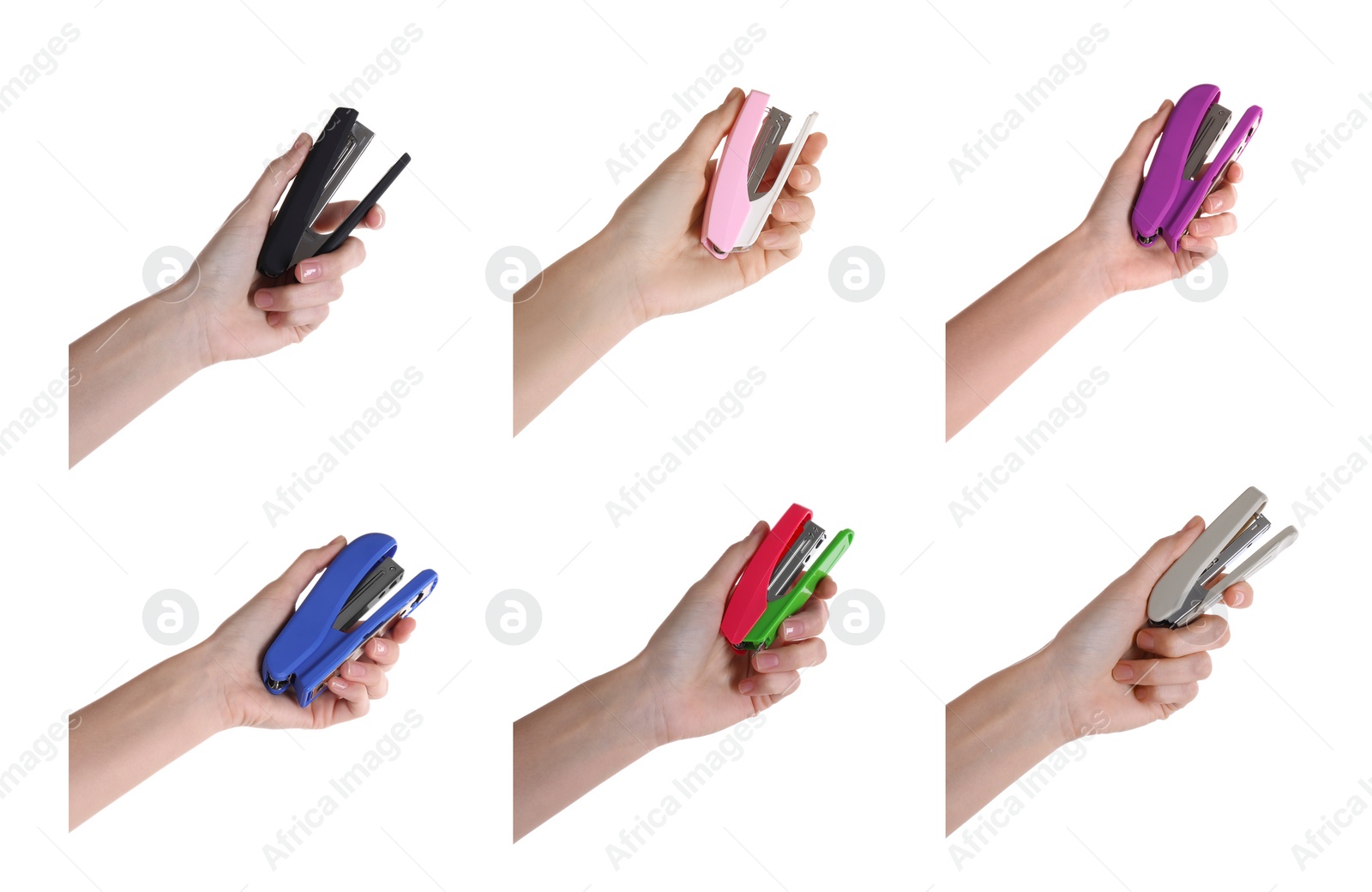 Image of Woman holding colorful staplers isolated on white, collection of photos