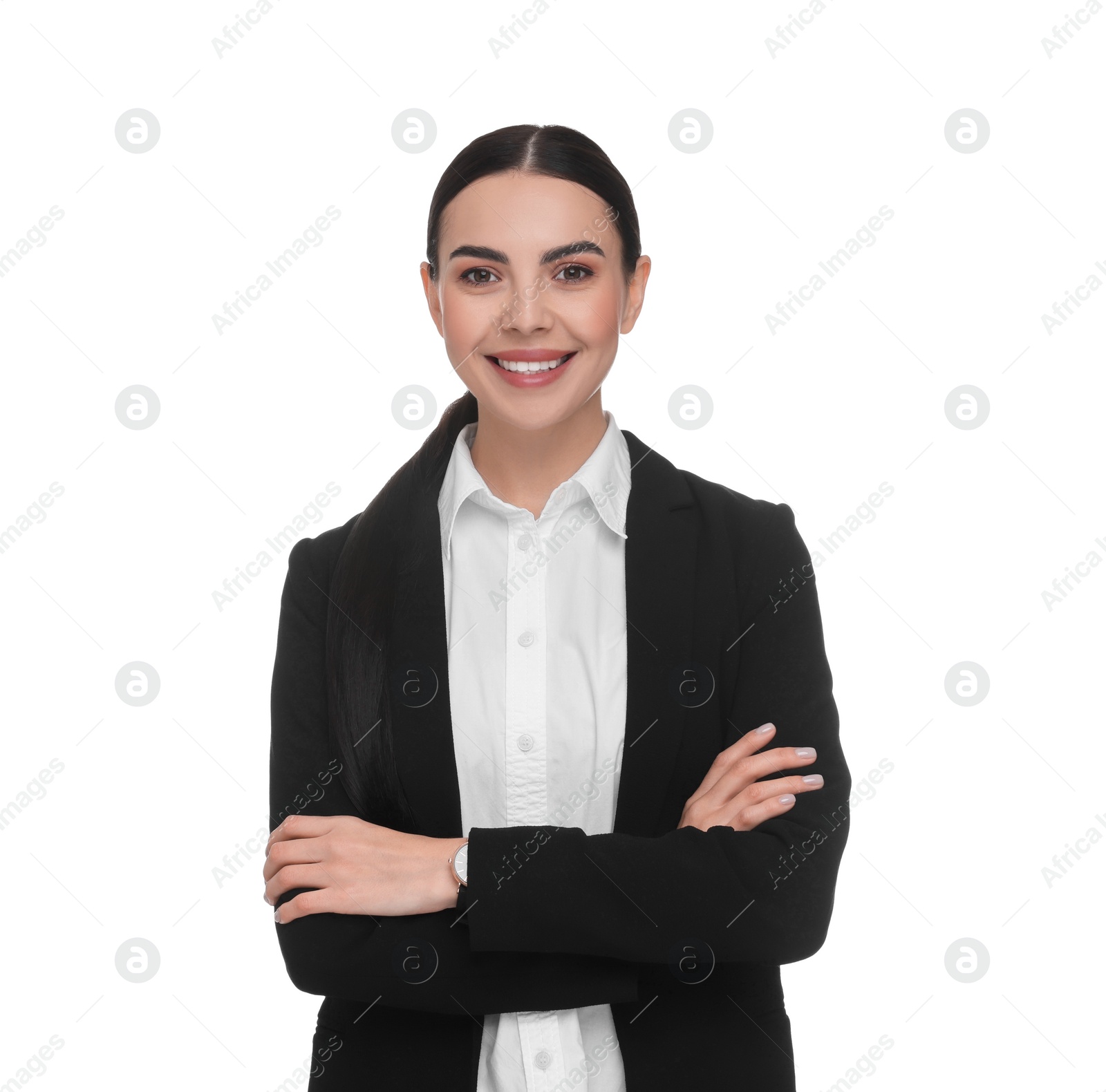 Photo of Portrait of smiling woman with crossed arms on white background. Lawyer, businesswoman, accountant or manager