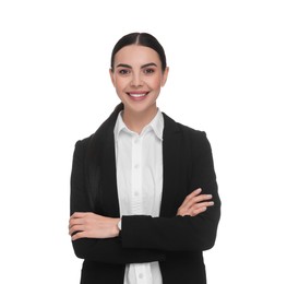 Portrait of smiling woman with crossed arms on white background. Lawyer, businesswoman, accountant or manager