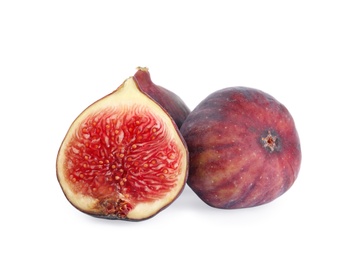 Photo of Tasty fresh fig fruits on white background