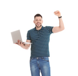 Photo of Happy man with laptop on white background