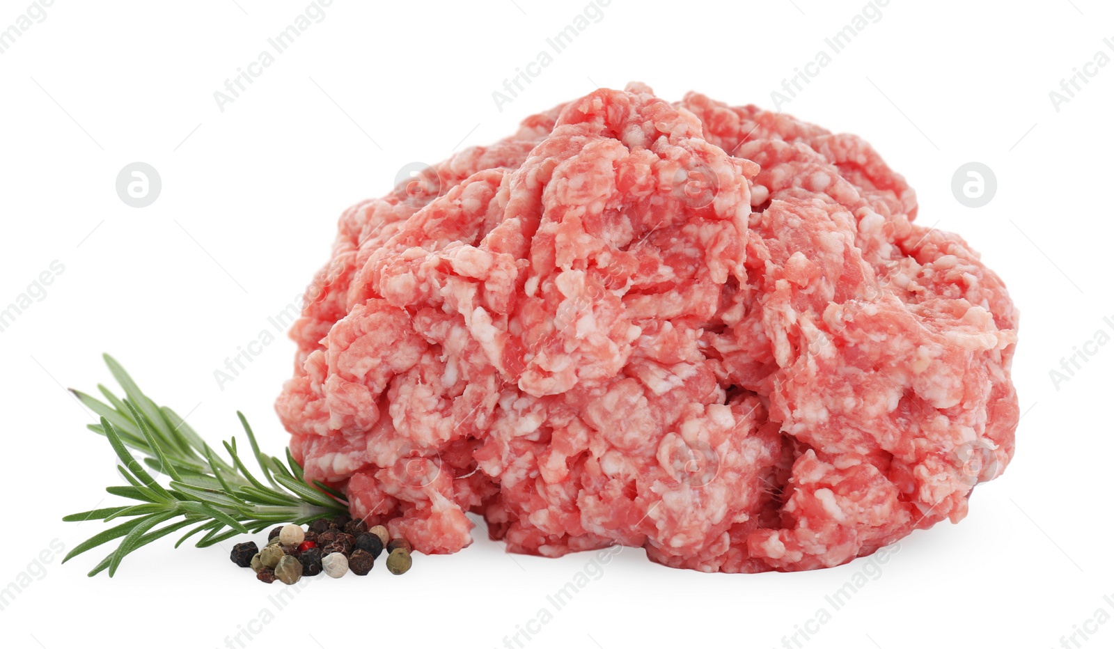 Photo of Raw fresh minced meat with rosemary and pepper isolated on white