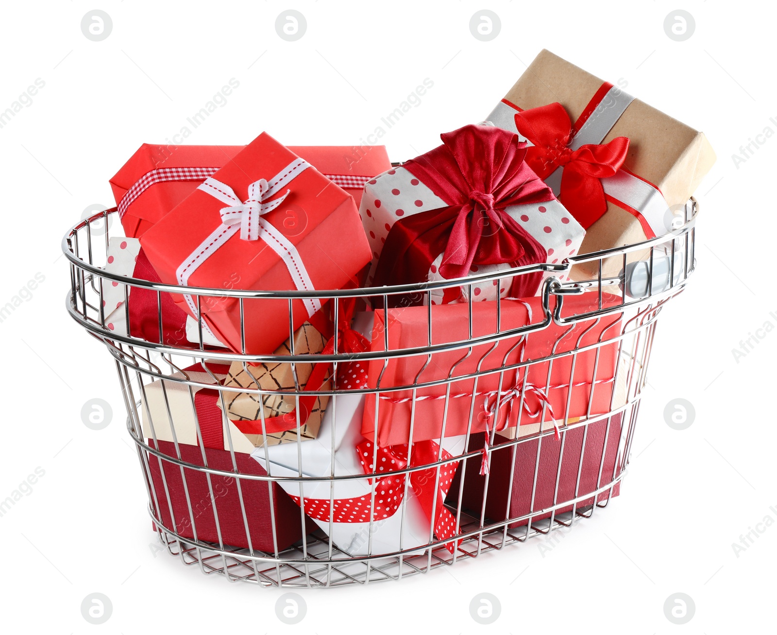 Photo of Shopping basket full of gift boxes on white background