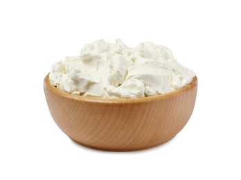 Wooden bowl of tasty cream cheese isolated on white