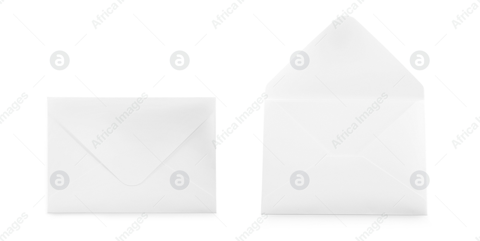 Image of Blank paper envelopes on white background, collage. Banner design