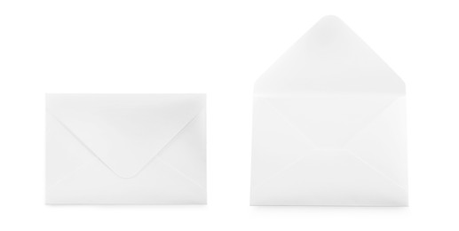 Blank paper envelopes on white background, collage. Banner design