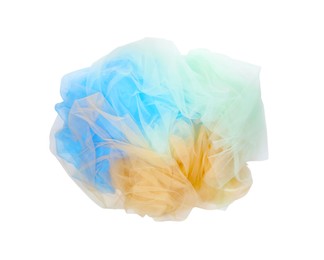 Photo of Beautiful colorful tulle fabrics on white background, top view