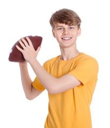 Photo of Teenage boy with american football ball on white background