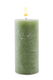 Photo of Burning green wax candle isolated on white