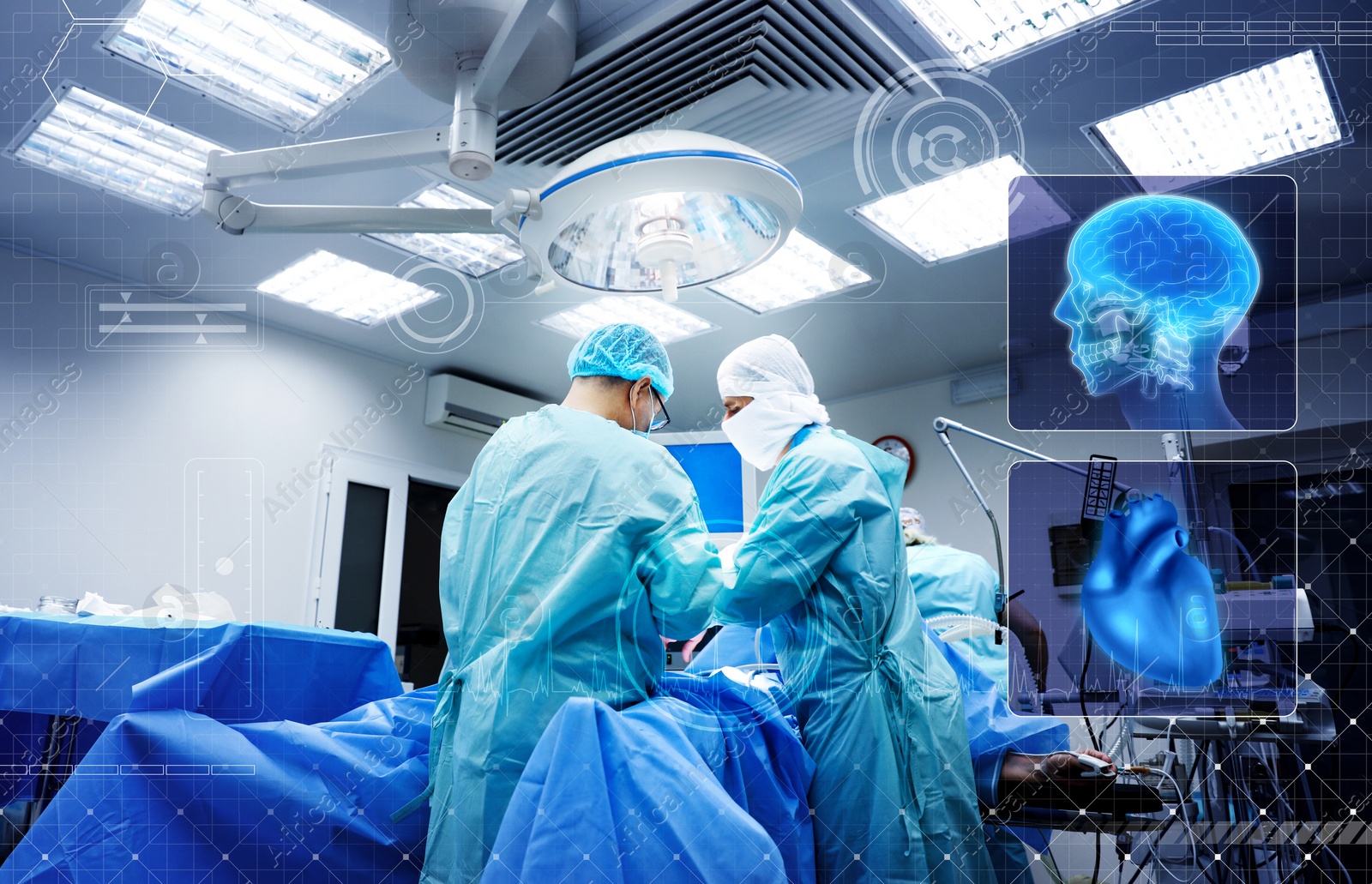 Image of Team of professional doctors performing operation in surgery room and illustration of different virtual icons