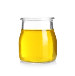 Photo of Jar with tasty jelly on white background