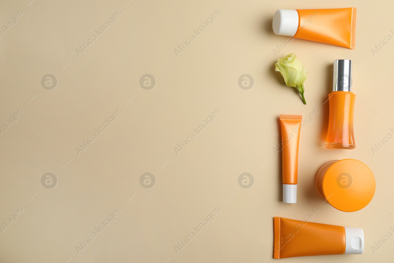 Photo of Set of luxury cosmetic products on beige background, flat lay. Space for text