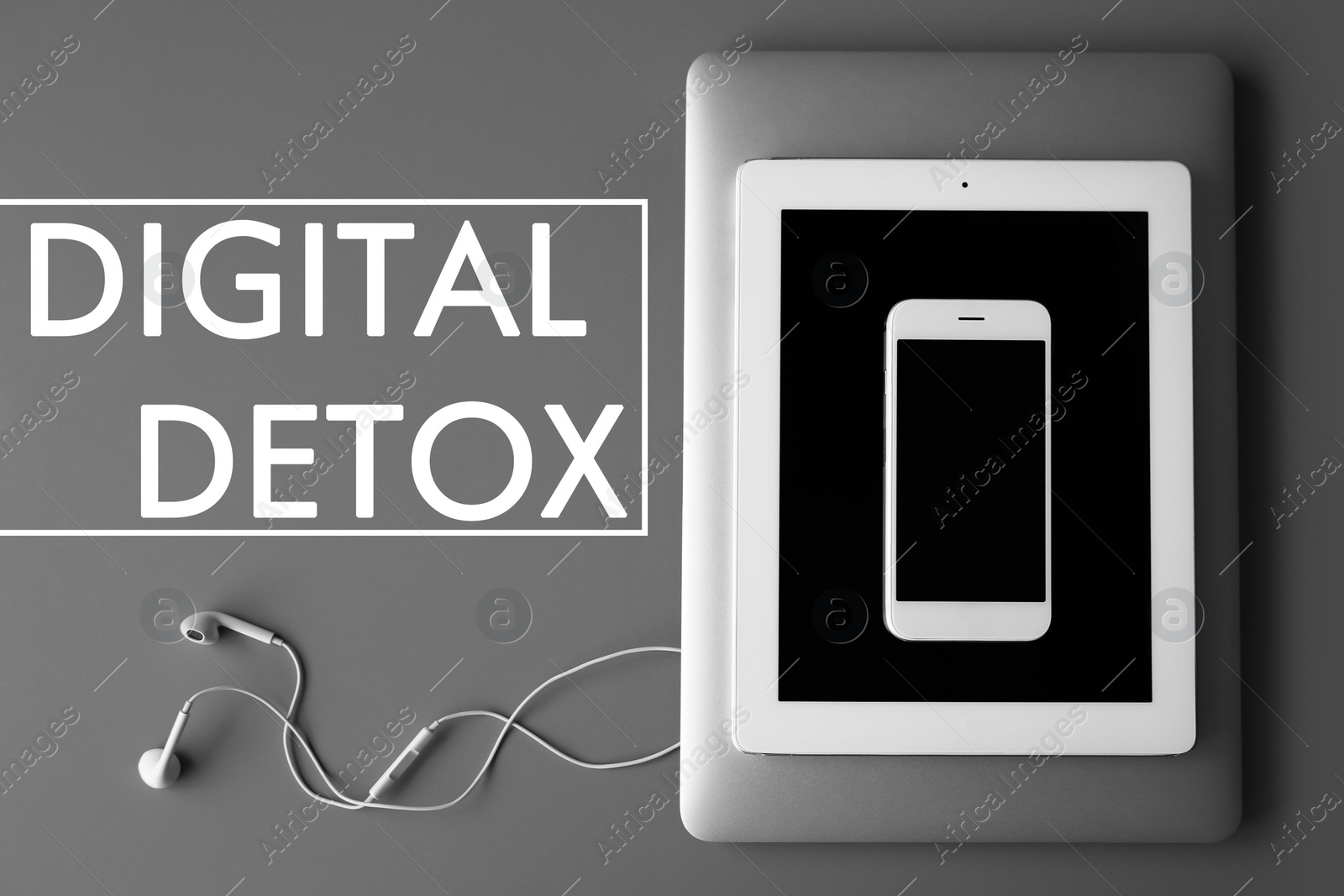 Image of Text Digital detox and devices on grey background, top view