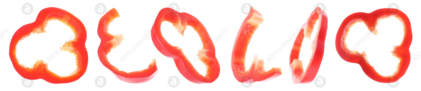 Image of Ripe red bell pepper slices flying on white background. Banner design