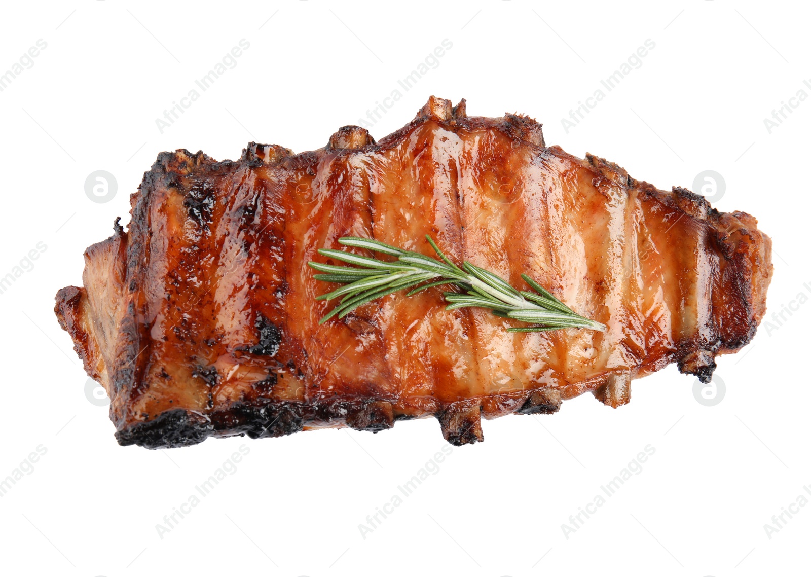 Photo of Tasty grilled ribs with rosemary isolated on white, top view