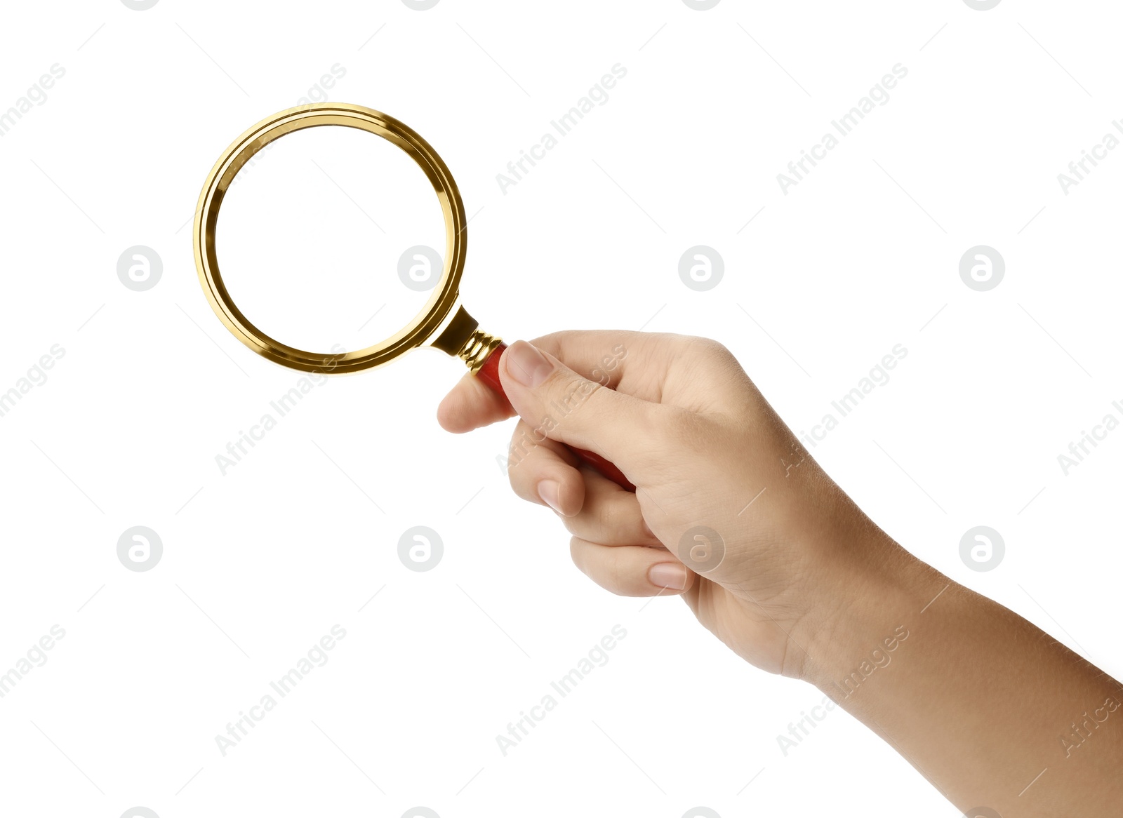 Photo of Woman holding magnifying glass on white background, closeup